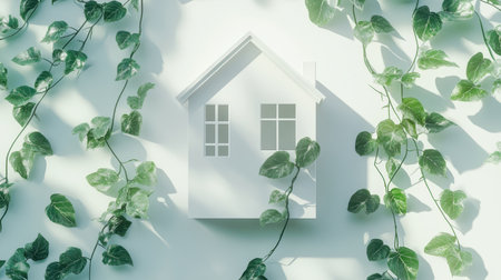 Minimalistic house symbol with green leaves, showcasing the balance between sustainable living and nature conservationの素材