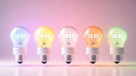 Smart light bulbs in a variety of vibrant colors, displayed against a clean, solid backgroundの素材