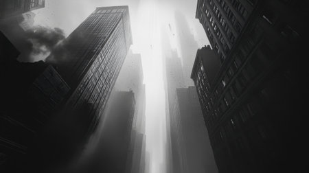 Silent, foggy city street, flanked by skyscrapers that fade into the distance, creating a quiet and mysterious vibeの素材
