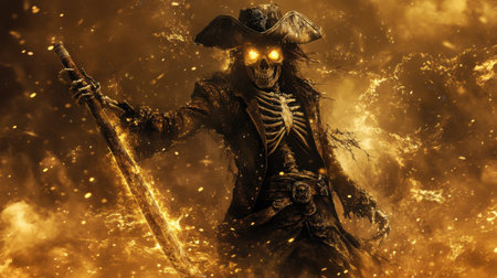 Skeleton pirate with eerie glowing eyes, enveloped in thick golden mist, gripping a rusty cutlassの素材