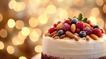 A festive cake topped with fresh nuts and vibrant berries, set against a warm bokeh background, perfect for a holiday dessert display.の素材