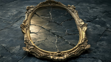 A cracked mirror reflecting diverse political symbols, symbolizing the division of opinions and the complexities of modern governance.の素材