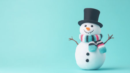 A happy snowman wearing a black top hat and striped scarf stands cheerfully against a bright light blue backdrop.の素材