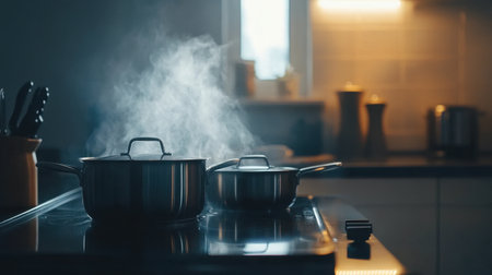 A modern stove top with stainless steel pots simmering, in a minimalist kitchen.の素材