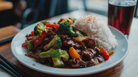 A mouthwatering plate of Chinese stir-fried beef with broccoli and colorful vegetables, served alongside a generous portion of rice.の素材