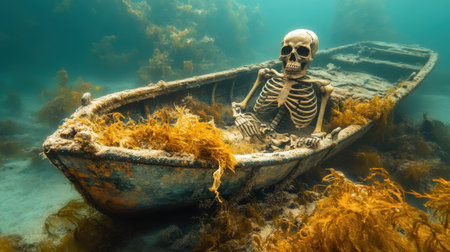 Skeleton pirate on a sunken boat, tangled in seaweed and coral, the eerie silence of the deep sea surrounding itの素材