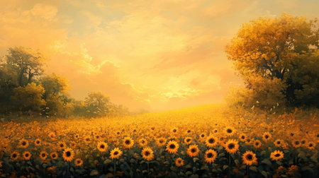 A field of sunflowers in impressionist style, basking in the glow of a sunset, inviting viewers to experience the tranquility of nature.の素材