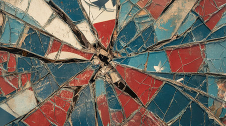 A powerful visual of a cracked mirror showcasing different political symbols, evoking discussions on division and political identity.の素材
