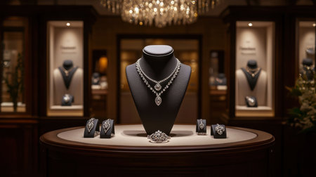 A stunning retail display showcasing elegant fashion jewelry and accessories, beautifully arranged against a luxurious backdrop.の素材
