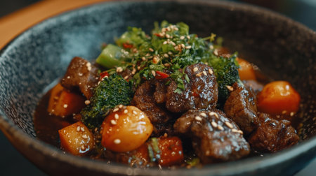 Close-up of a delicious Chinese stir-fry dish featuring marinated beef, crisp broccoli, and savory sauce, served in a traditional bowl.の素材