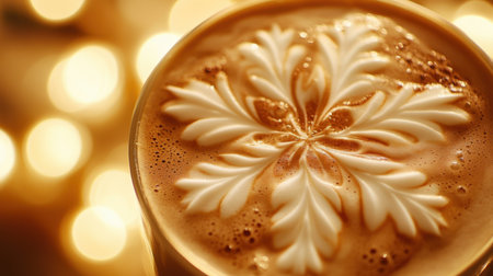 Close-up of a latte with beautiful snowflake art on top, evoking cozy winter vibes, set against a soft warm backdrop.の素材