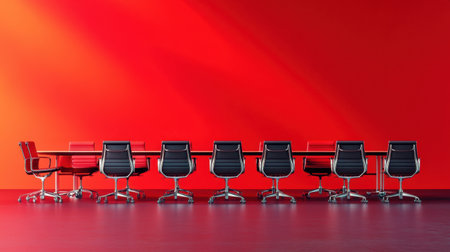Contemporary conference table with chairs neatly arranged, set against a vibrant red background, ideal for business themes.の素材