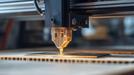 An advanced 3D printer in motion, building intricate electronic boards with precision and accuracy.の素材