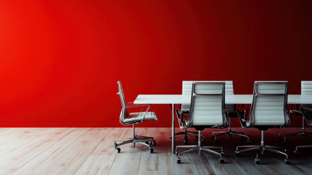 Modern office table with chairs surrounding it, set against a bold red background, perfect for business presentations.の素材