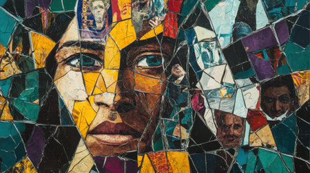 A thought-provoking image of a cracked mirror reflecting an array of political emblems, highlighting the struggle for unity in a divided society.の素材