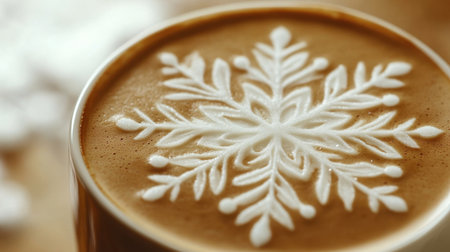 Close-up of a latte with beautiful snowflake art on top, evoking cozy winter vibes, set against a soft warm backdrop.の素材