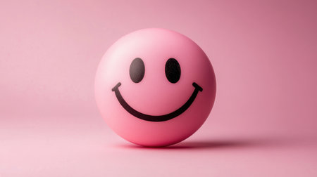 Cheerful pink smiley face centered on a soft pink backdrop, spreading joy and optimism.の素材