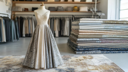 An elegant A-line skirt in neutral tones highlighted on a mannequin in a designer showroom.の素材