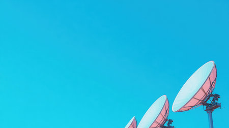 Close-up of satellite dishes on a metal structure reaching into a clear blue sky, representing modern communication and data transmission.の素材