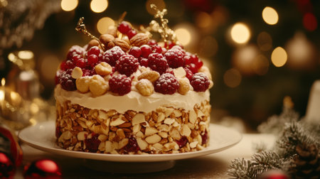 Festive cake with a mix of berries and nuts on top, set against a soft bokeh background, creating a holiday dessert scene.の素材