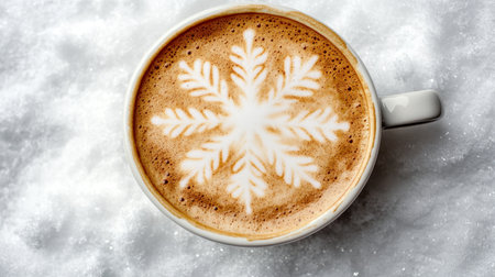 Latte art featuring a snowflake design in frothy milk, set against a snowy winter background, symbolizing warmth and comfort.の素材