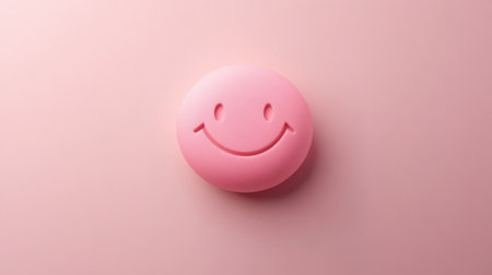 Minimalistic pink smiley icon on a soft pink background, representing positivity, laughter, and happiness.の素材
