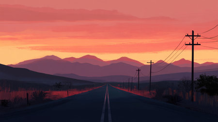 Long, empty road leading toward mountains at dawn, with the sky painted in warm hues, evoking a sense of journey and solitude.の素材