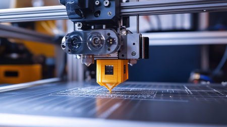 The inner workings of a 3D printer as it crafts detailed circuitry for advanced electronics.の素材