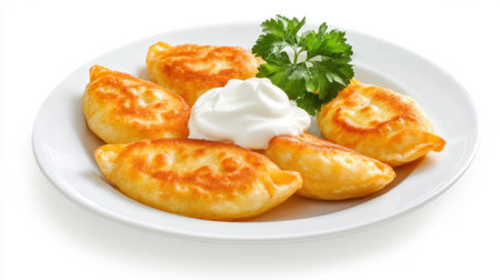 Polish pierogi dumplings topped with sour cream, styled on a clean white plate against a bright white background for a fresh and appetizing lookの素材
