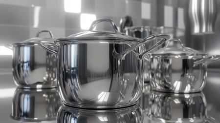 Stainless steel pots and pans in a polished kitchen setting, with reflections of cooking light.の素材