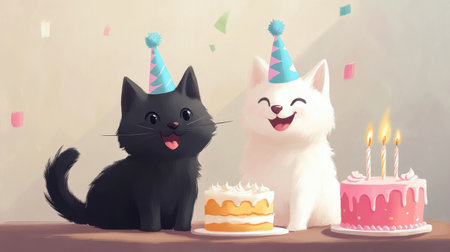A cute black cat and white dog, both in birthday hats, sitting near a cake, celebrating a joyous occasion.の素材