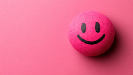 Smiley face in vivid pink on a pastel pink backdrop, ideal for concepts of joy and emotional well-being.の素材