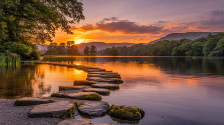 A calm sunset over water with stepping stones stretching out, inviting a journey of peace and reflection, bathed in golden light.の素材