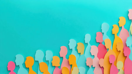 Multicolored paper figures resembling a crowd of people on a turquoise backdrop, ideal for social inclusion themesの素材