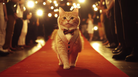A charming cat in a bow tie and vest gracefully walking the red carpet, surrounded by flashes of lights and onlookers.の素材