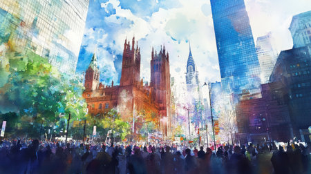 A lively watercolor cityscape with towering buildings and a crowd of people in the foreground, full of movement and color.の素材