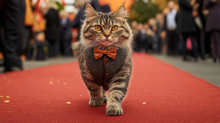Adorable cat in a bow tie and vest walking confidently on a red carpet, in a glamorous event setting with people in the background.の素材