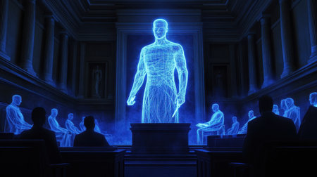 A lawyer utilizing advanced holographic technology to present legal cases in a futuristic courtroom, symbolizing the future of law.の素材