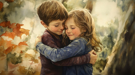 A heartwarming watercolor of two kids sharing an emotional hug, showcasing compassion and warmth.の素材