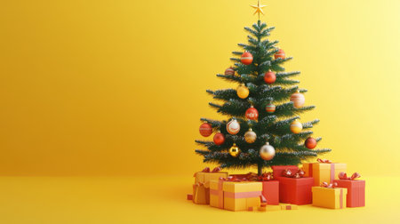 A modern 3D Christmas tree adorned with presents and ornaments, placed on a vivid yellow background, perfect for holiday promotions.の素材