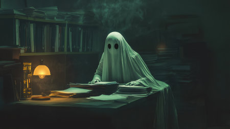 A spooky ghost working late at an office desk, surrounded by papers and files, illuminated by a flickering desk lamp.の素材