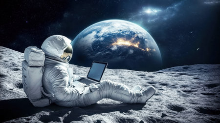 Astronaut using a laptop on the moon, symbolizing the merging of technology and space exploration, with Earth in view.の素材