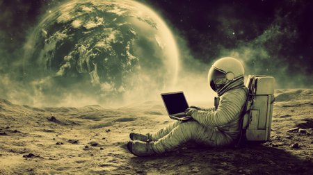 A lone astronaut on the moon's surface working on a laptop, with a breathtaking view of Earth in the background.の素材