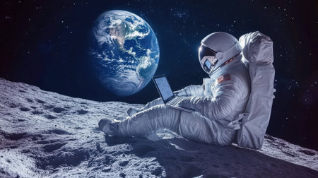Astronaut sitting on the surface of the moon, working on a laptop with Earth in the background, a futuristic image of space explorationの素材