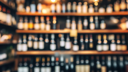 Blurred wine shop shelves filled with bottles, creating a soft, ambient background ideal for marketing or retail themesの素材