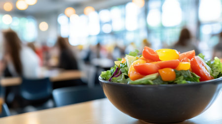 Bowl of vibrant salad in a crowded cafeteria, with blurred people in the background, conveying a healthy, bustling environment.の素材