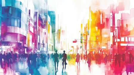 Colorful watercolor cityscape featuring tall buildings, vibrant streets, and a group of people enjoying urban life in the foreground.の素材