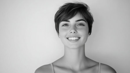 Cheerful young woman with short hair beaming at the camera, against a clean, minimal background.の素材