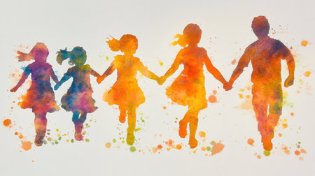 Colorful watercolor silhouette of a family holding hands, symbolizing unity and love. Bright colors on a white background.の素材