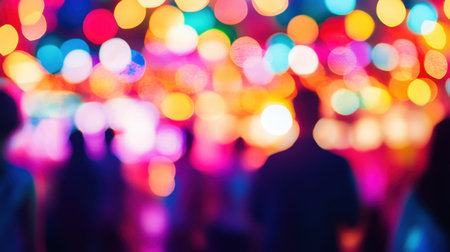 Crowd at a music festival, stage lights creating an exciting, blurry atmosphere, perfect for event promotion.の素材